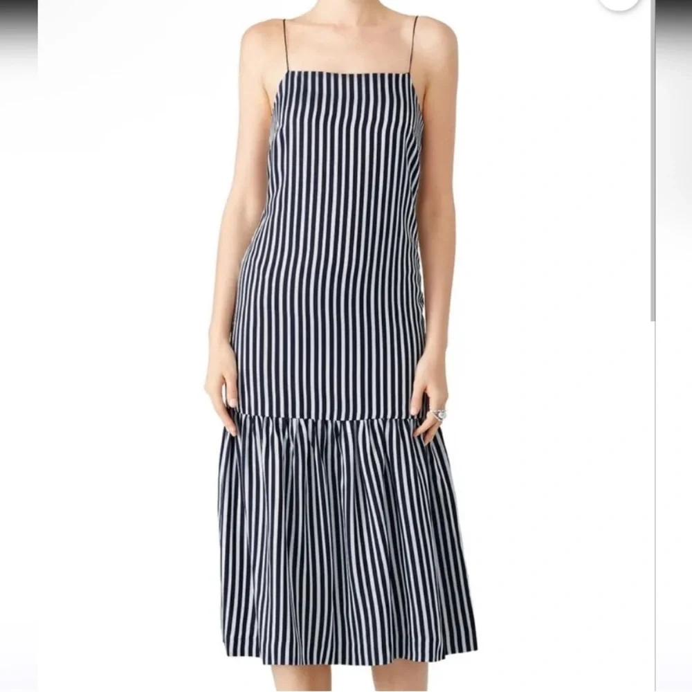 ELIZABETH AND JAMES Jewel Striped Satin & Crepe Midi Navy White Dress Size 4 - Picture 2 of 11